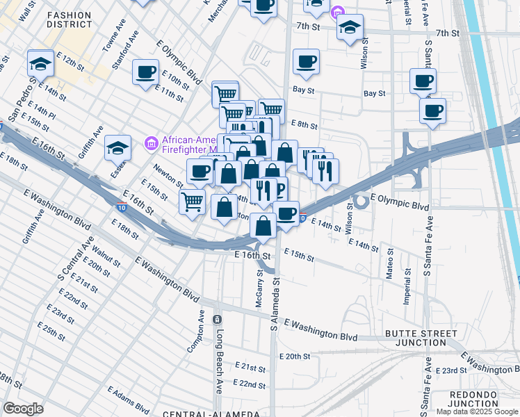 map of restaurants, bars, coffee shops, grocery stores, and more near 1250 Long Beach Avenue in Los Angeles