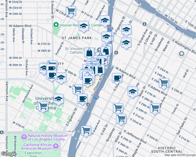 map of restaurants, bars, coffee shops, grocery stores, and more near 2819 Flower Street in Los Angeles