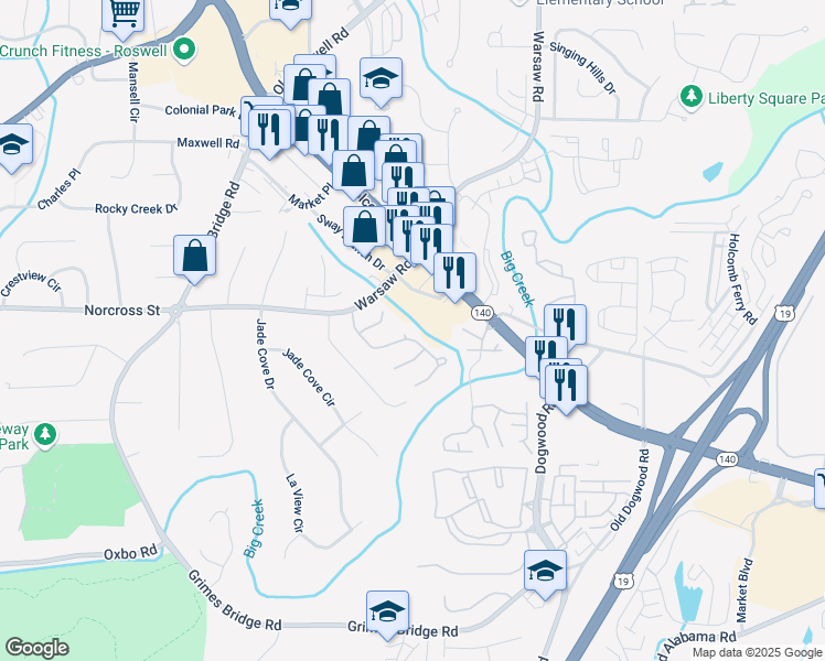map of restaurants, bars, coffee shops, grocery stores, and more near 6030 Pattingham Drive in Roswell