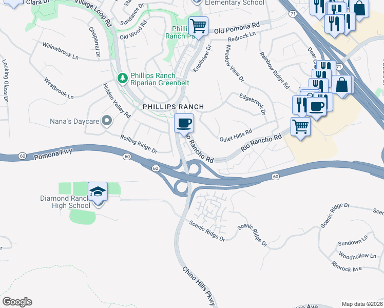 map of restaurants, bars, coffee shops, grocery stores, and more near Spyglass Avenue in Pomona