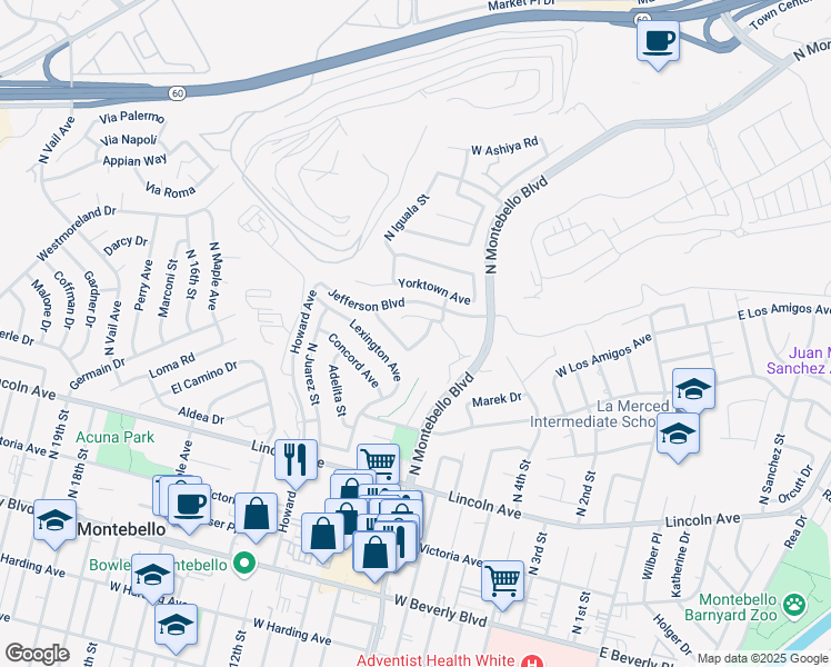 map of restaurants, bars, coffee shops, grocery stores, and more near 932 North Durango Street in Montebello