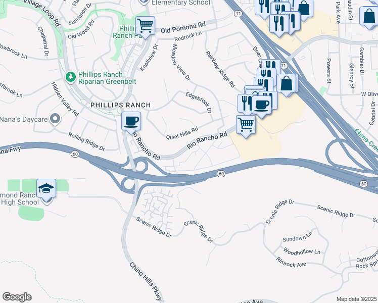 map of restaurants, bars, coffee shops, grocery stores, and more near 26 Willowcrest Lane in Pomona