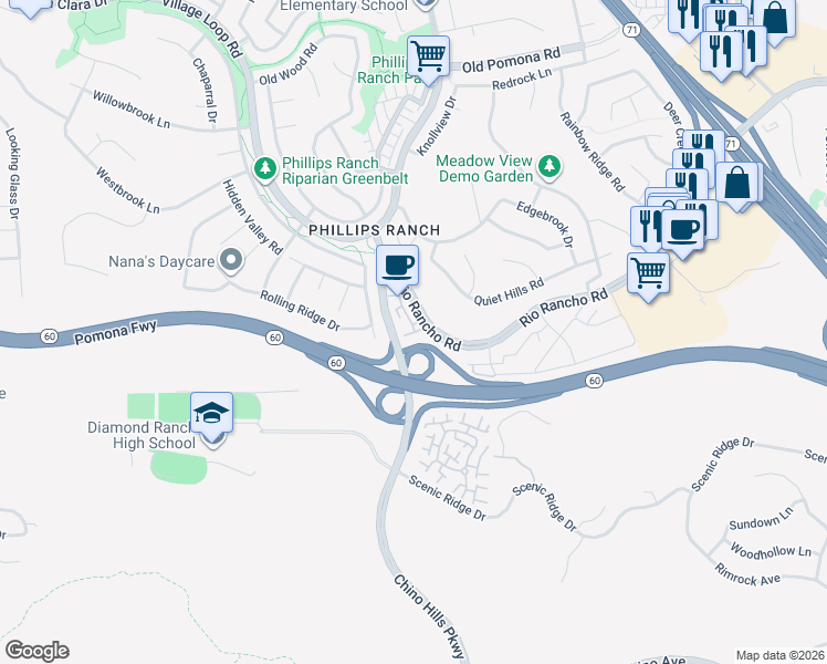 map of restaurants, bars, coffee shops, grocery stores, and more near 88 Phillips Ranch Road in Pomona