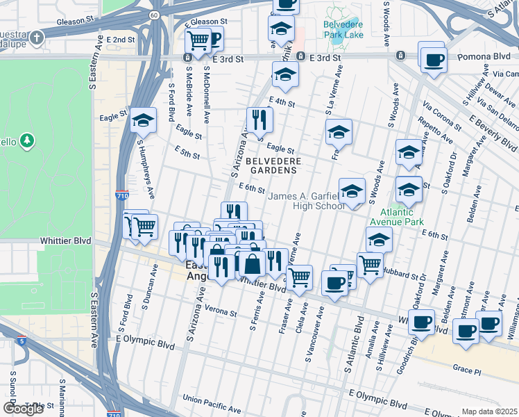 map of restaurants, bars, coffee shops, grocery stores, and more near 631 South Kern Avenue in East Los Angeles