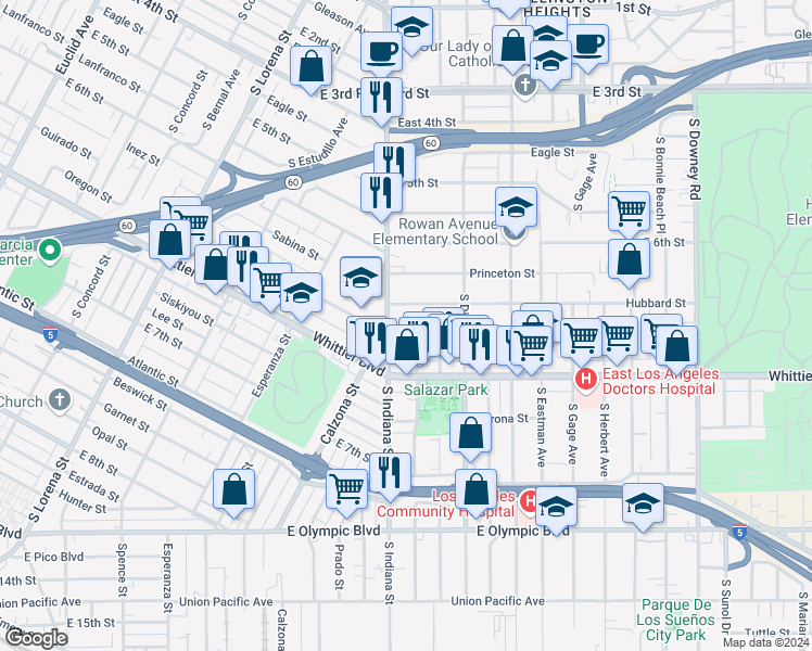 map of restaurants, bars, coffee shops, grocery stores, and more near 3740 Hubbard Street in Los Angeles