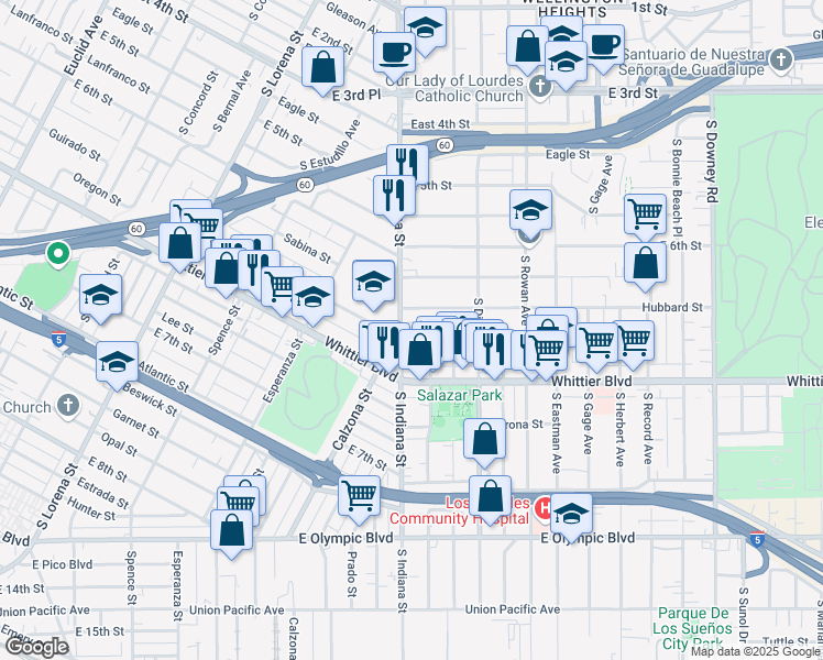 map of restaurants, bars, coffee shops, grocery stores, and more near 714 South Indiana Street in Los Angeles