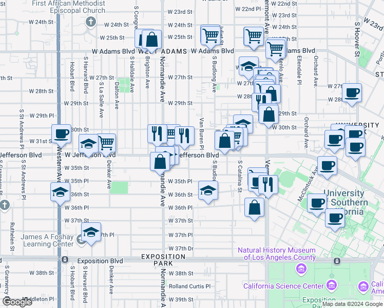 map of restaurants, bars, coffee shops, grocery stores, and more near 3117 Van Buren Place in Los Angeles