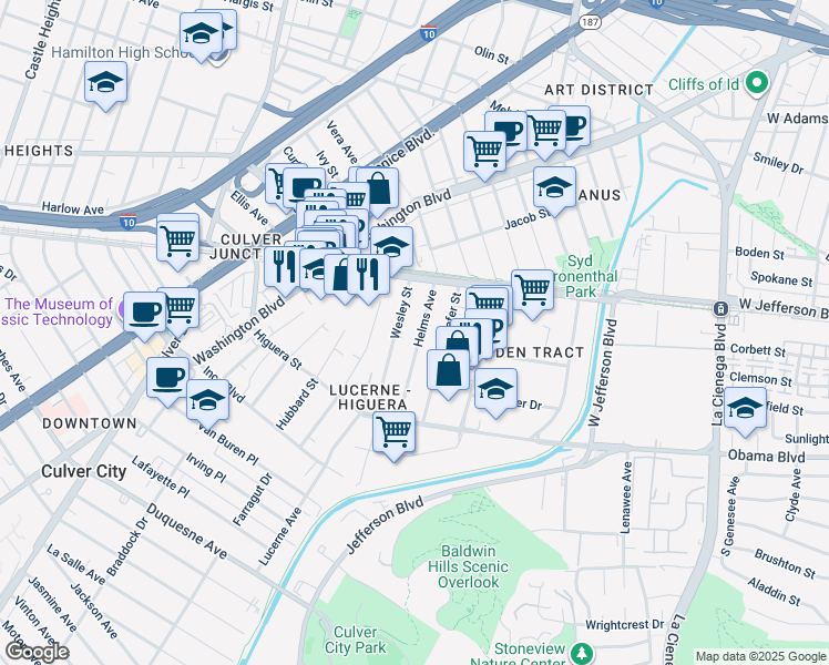 map of restaurants, bars, coffee shops, grocery stores, and more near 3548 Wesley Street in Culver City