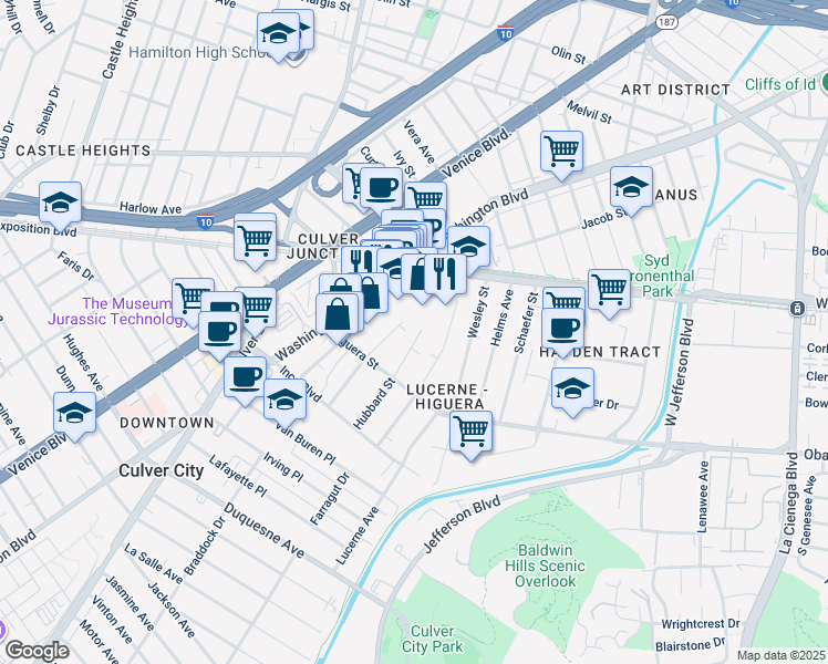 map of restaurants, bars, coffee shops, grocery stores, and more near 8909 Krueger Street in Culver City