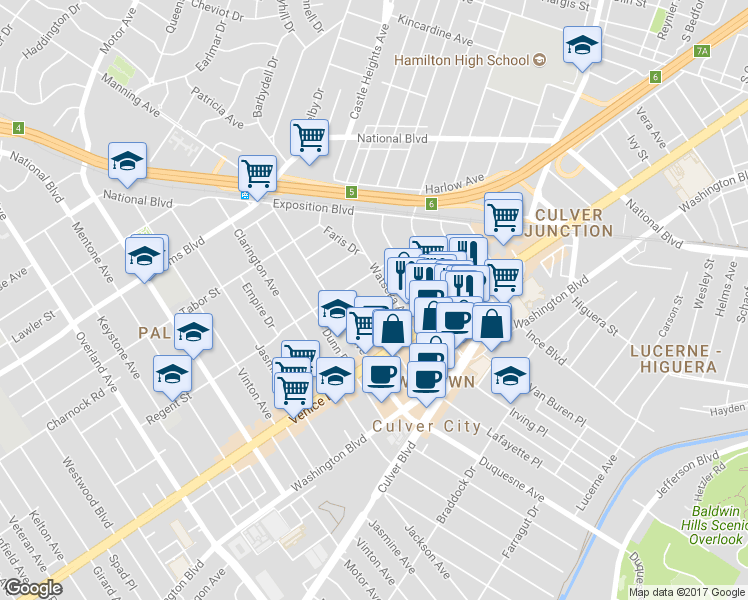 map of restaurants, bars, coffee shops, grocery stores, and more near 3730 Watseka Avenue in Los Angeles