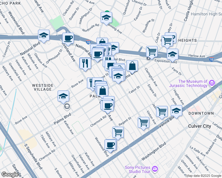 map of restaurants, bars, coffee shops, grocery stores, and more near 10509 Palms Boulevard in Los Angeles