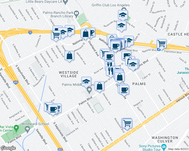 map of restaurants, bars, coffee shops, grocery stores, and more near 10760 Rose Avenue in Los Angeles