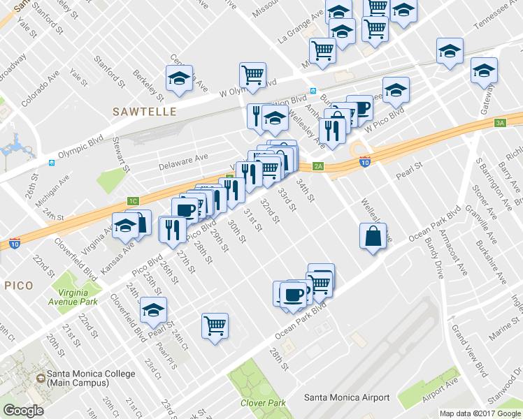 map of restaurants, bars, coffee shops, grocery stores, and more near 3130 Pico Boulevard in Santa Monica