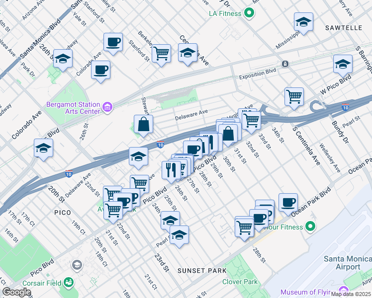map of restaurants, bars, coffee shops, grocery stores, and more near 2904 Kansas Avenue in Santa Monica