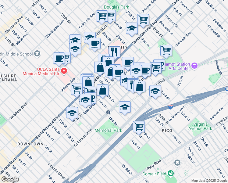 map of restaurants, bars, coffee shops, grocery stores, and more near 1524 19th Street in Santa Monica