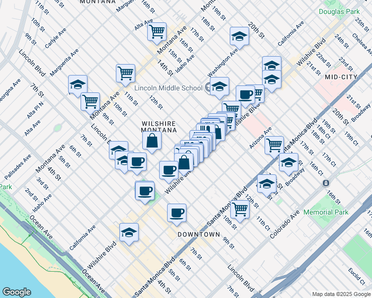 map of restaurants, bars, coffee shops, grocery stores, and more near 1122 California Avenue in Santa Monica