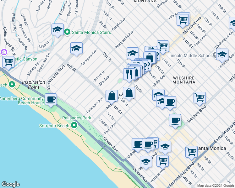 map of restaurants, bars, coffee shops, grocery stores, and more near 502 Palisades Avenue in Santa Monica