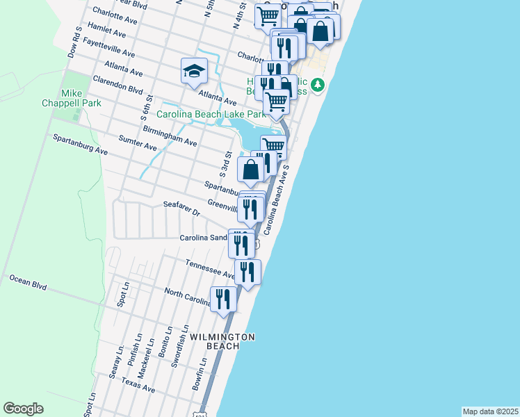 map of restaurants, bars, coffee shops, grocery stores, and more near 105 Spartanburg Avenue in Carolina Beach