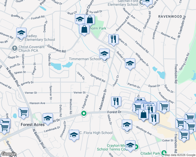 map of restaurants, bars, coffee shops, grocery stores, and more near 4109 Springhill Road in Columbia