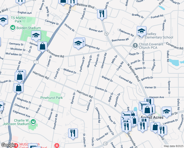 map of restaurants, bars, coffee shops, grocery stores, and more near 2615 Putnam Street in Columbia