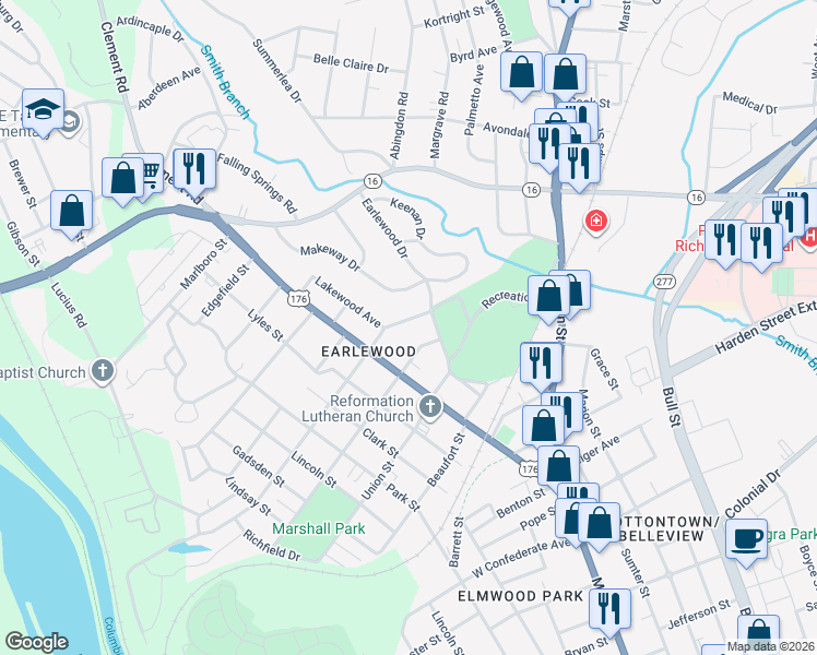 map of restaurants, bars, coffee shops, grocery stores, and more near 1323 Northwood Street in Columbia