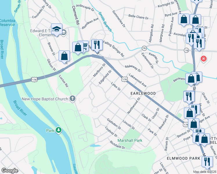 map of restaurants, bars, coffee shops, grocery stores, and more near 3424 Park Street in Columbia