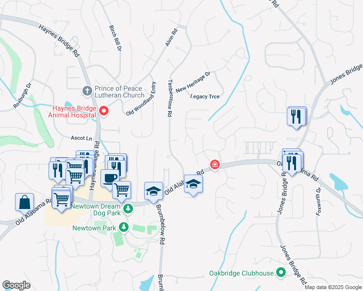 map of restaurants, bars, coffee shops, grocery stores, and more near 335 Wyehwood Court in Alpharetta