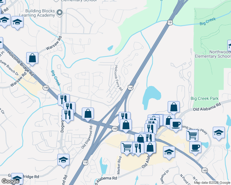 map of restaurants, bars, coffee shops, grocery stores, and more near 1056 Old Holcomb Bridge Road in Roswell