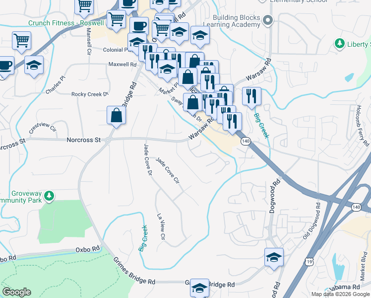 map of restaurants, bars, coffee shops, grocery stores, and more near 5025 Pattingham Drive in Roswell
