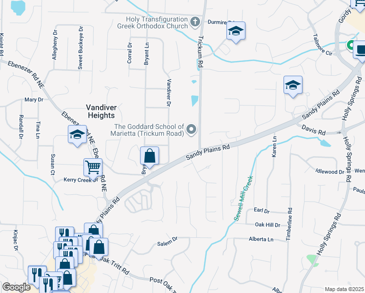 map of restaurants, bars, coffee shops, grocery stores, and more near 3039 Sandy Plains Road in Marietta