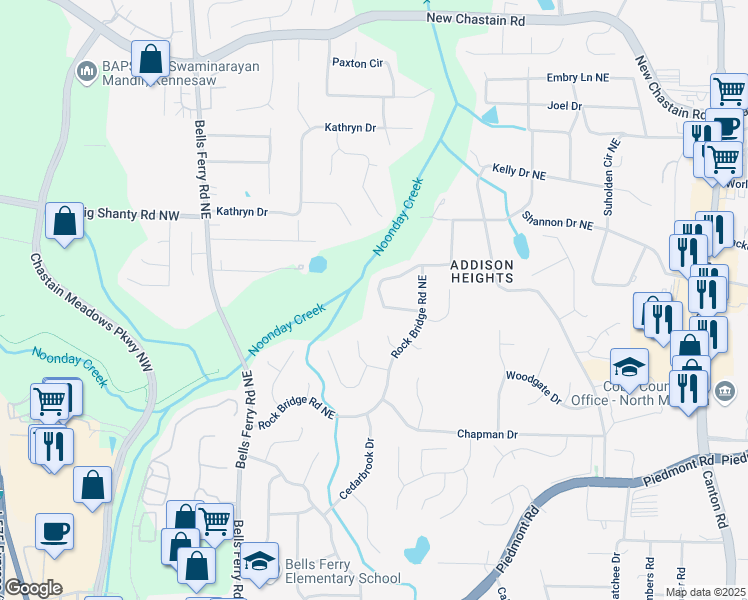 map of restaurants, bars, coffee shops, grocery stores, and more near 336 Rockmoor Trail Northeast in Marietta