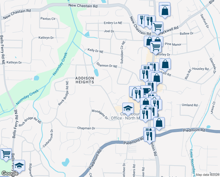 map of restaurants, bars, coffee shops, grocery stores, and more near 3171 Vickery Drive Northeast in Marietta
