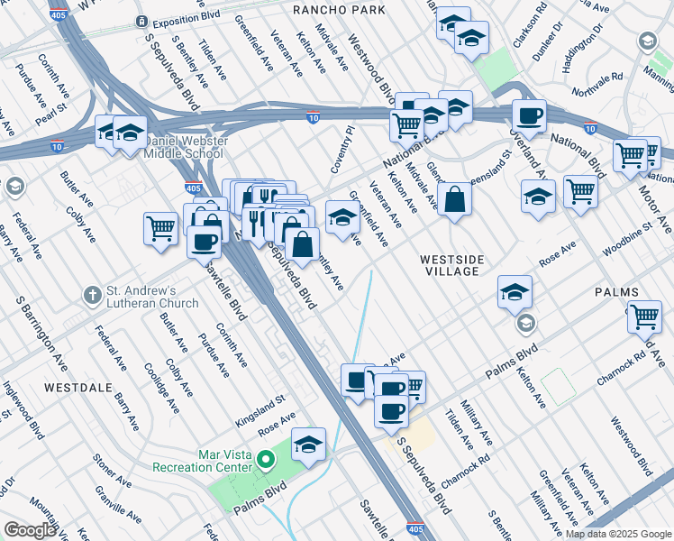 map of restaurants, bars, coffee shops, grocery stores, and more near 11020 Clover Avenue in Los Angeles