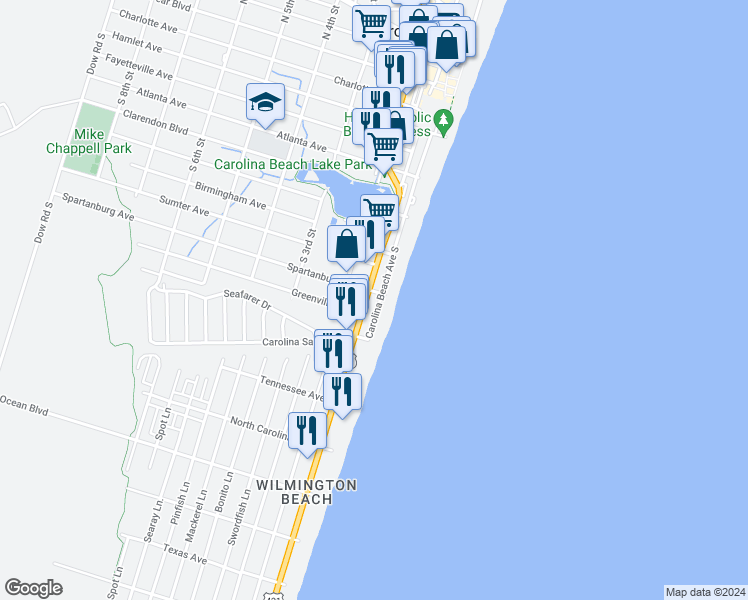 map of restaurants, bars, coffee shops, grocery stores, and more near 901 South Lake Park Boulevard in Carolina Beach