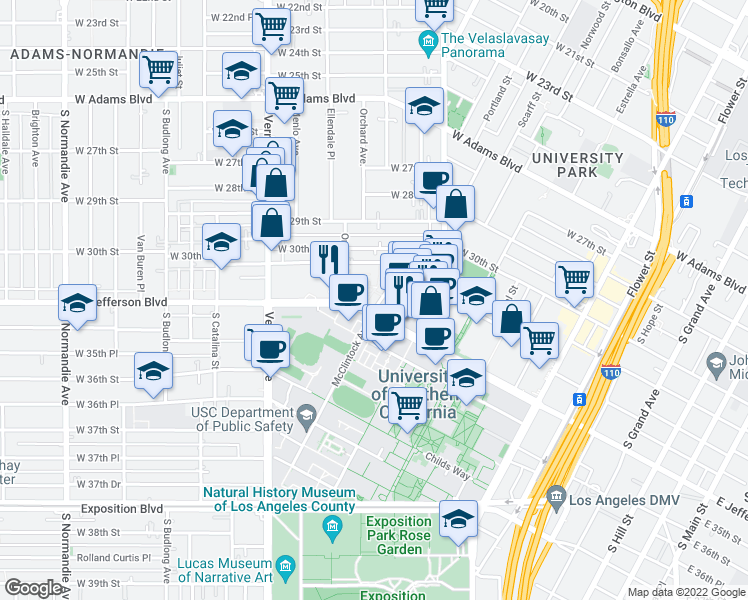 map of restaurants, bars, coffee shops, grocery stores, and more near 3131 McClintock Avenue in Los Angeles