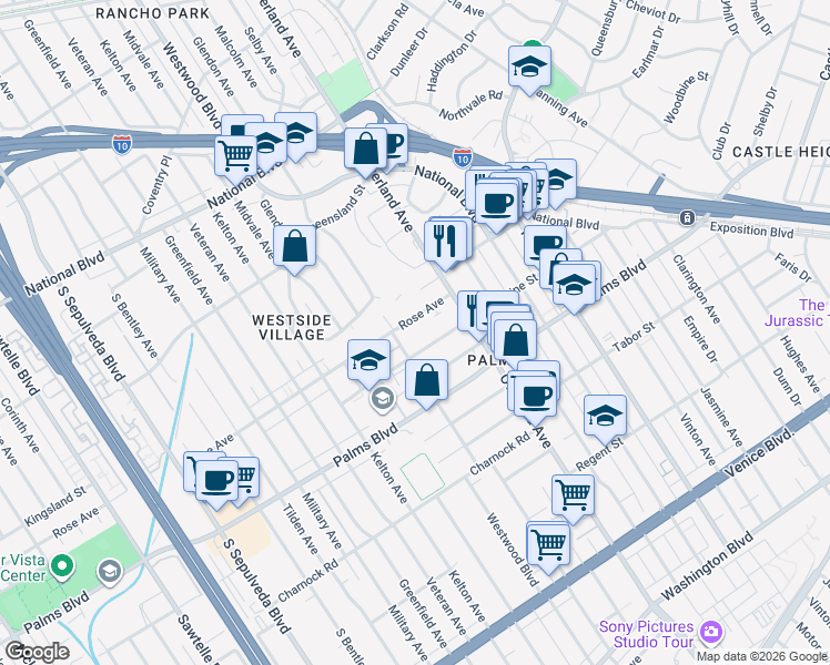 map of restaurants, bars, coffee shops, grocery stores, and more near 10776 Rose Avenue in Los Angeles