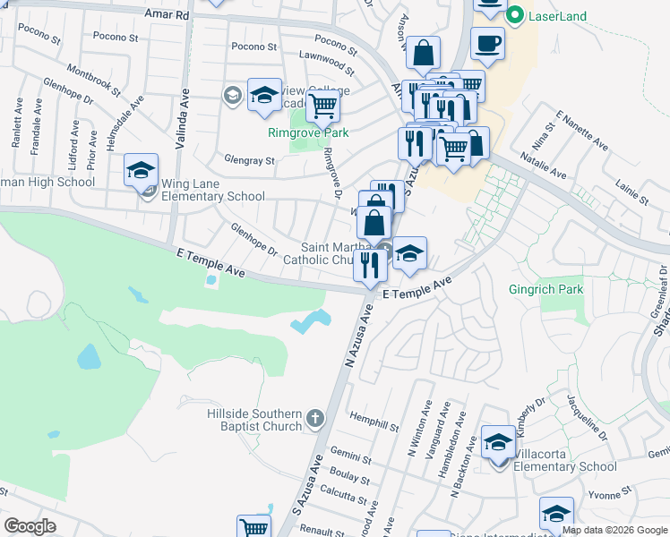 map of restaurants, bars, coffee shops, grocery stores, and more near 17145 Glenhope Drive in La Puente