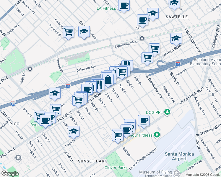 map of restaurants, bars, coffee shops, grocery stores, and more near 3026 Pico Boulevard in Santa Monica