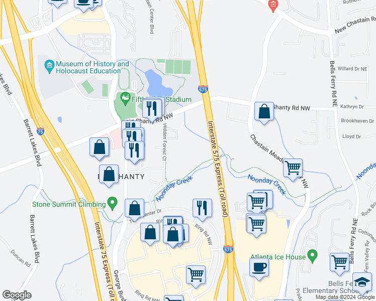 map of restaurants, bars, coffee shops, grocery stores, and more near 2820 Hidden Forest Court in Marietta