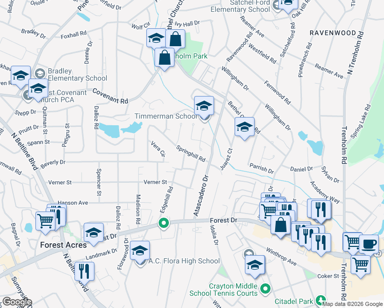 map of restaurants, bars, coffee shops, grocery stores, and more near 4109 Springhill Road in Columbia