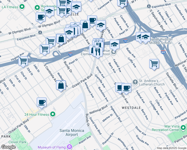 map of restaurants, bars, coffee shops, grocery stores, and more near 2607 Granville Avenue in Los Angeles