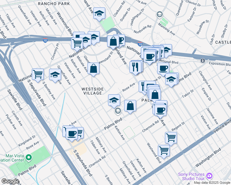 map of restaurants, bars, coffee shops, grocery stores, and more near 10815 Rose Avenue in Los Angeles