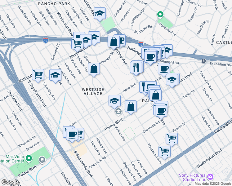 map of restaurants, bars, coffee shops, grocery stores, and more near 10815 Rose Avenue in Los Angeles