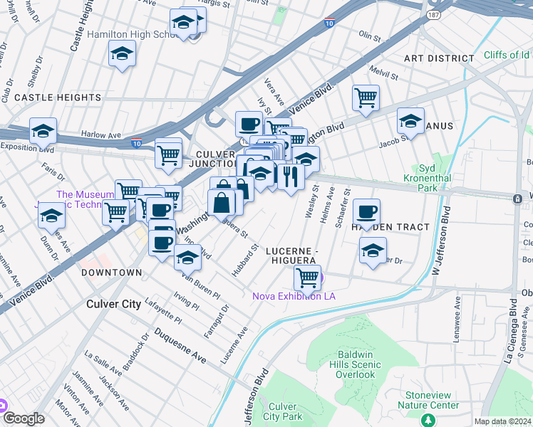 map of restaurants, bars, coffee shops, grocery stores, and more near 8914 Krueger Street in Culver City