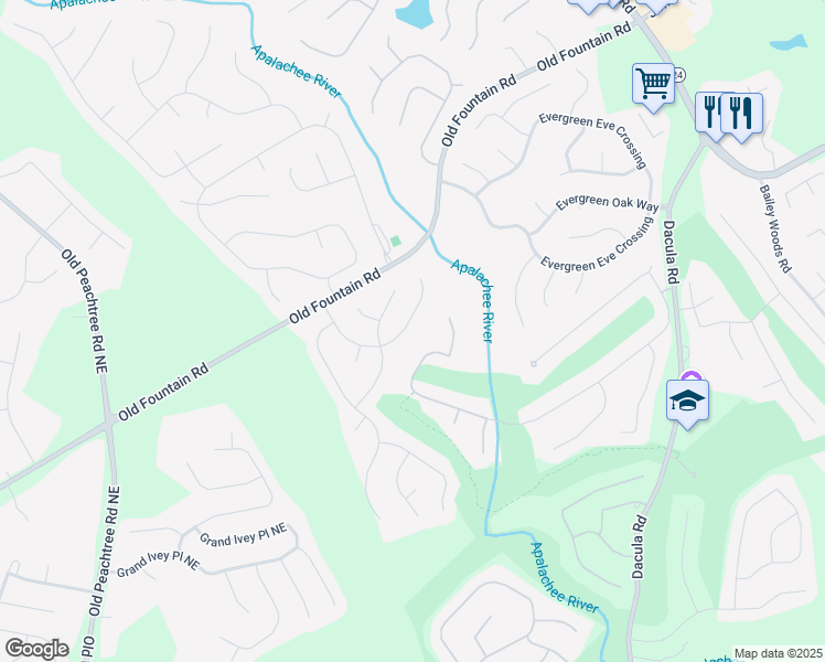 map of restaurants, bars, coffee shops, grocery stores, and more near 1062 Apalachee Run Trail in Dacula