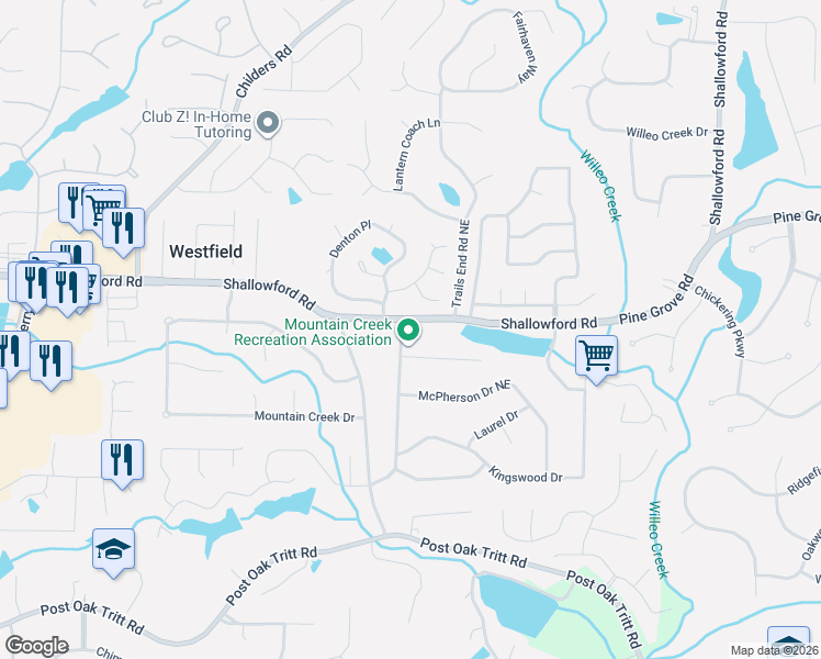 map of restaurants, bars, coffee shops, grocery stores, and more near 3080 Mountain Trace Northeast in Roswell