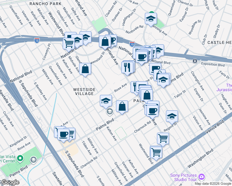 map of restaurants, bars, coffee shops, grocery stores, and more near 10760 Rose Avenue in Los Angeles