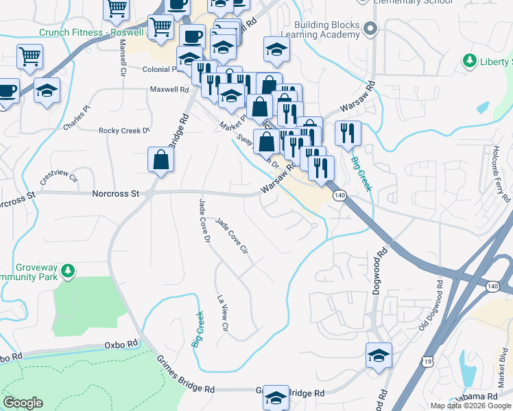 map of restaurants, bars, coffee shops, grocery stores, and more near 5025 Pattingham Drive in Roswell