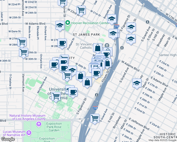 map of restaurants, bars, coffee shops, grocery stores, and more near 649-655 3/4 West 30th Street in Los Angeles