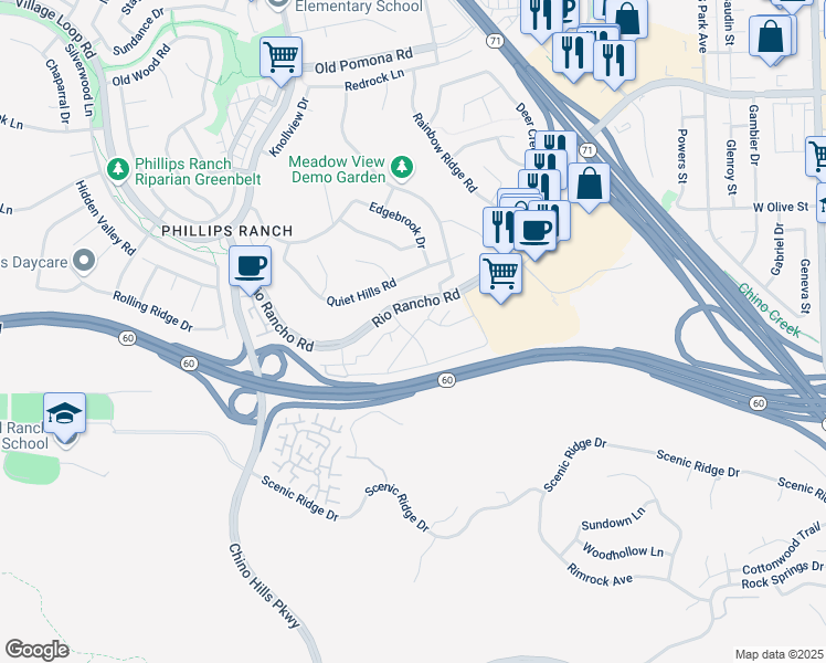 map of restaurants, bars, coffee shops, grocery stores, and more near 84 Town and Country Road in Pomona
